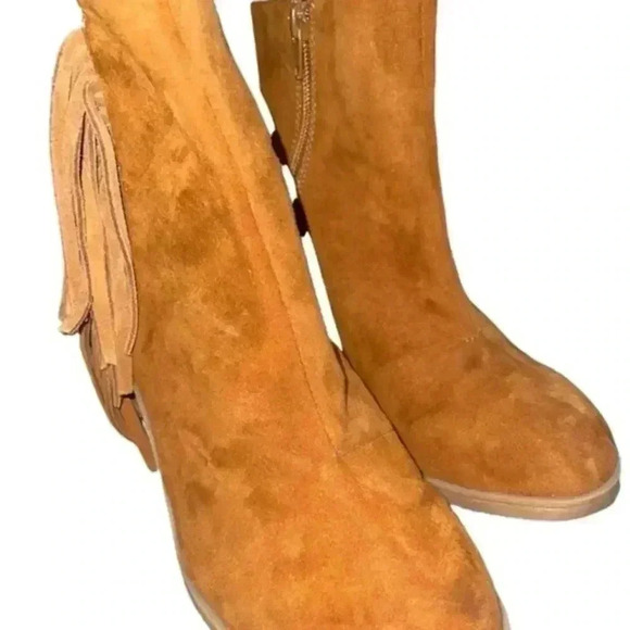 Brand New! Camel Colored Suede Ankle Boots w/ Tassels - Picture 2 of 11